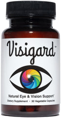Visigard eye health supplement bottle highlighting natural ingredients.