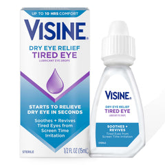 Visine Dry Eye Relief bottle demonstrating quick relief for tired eyes