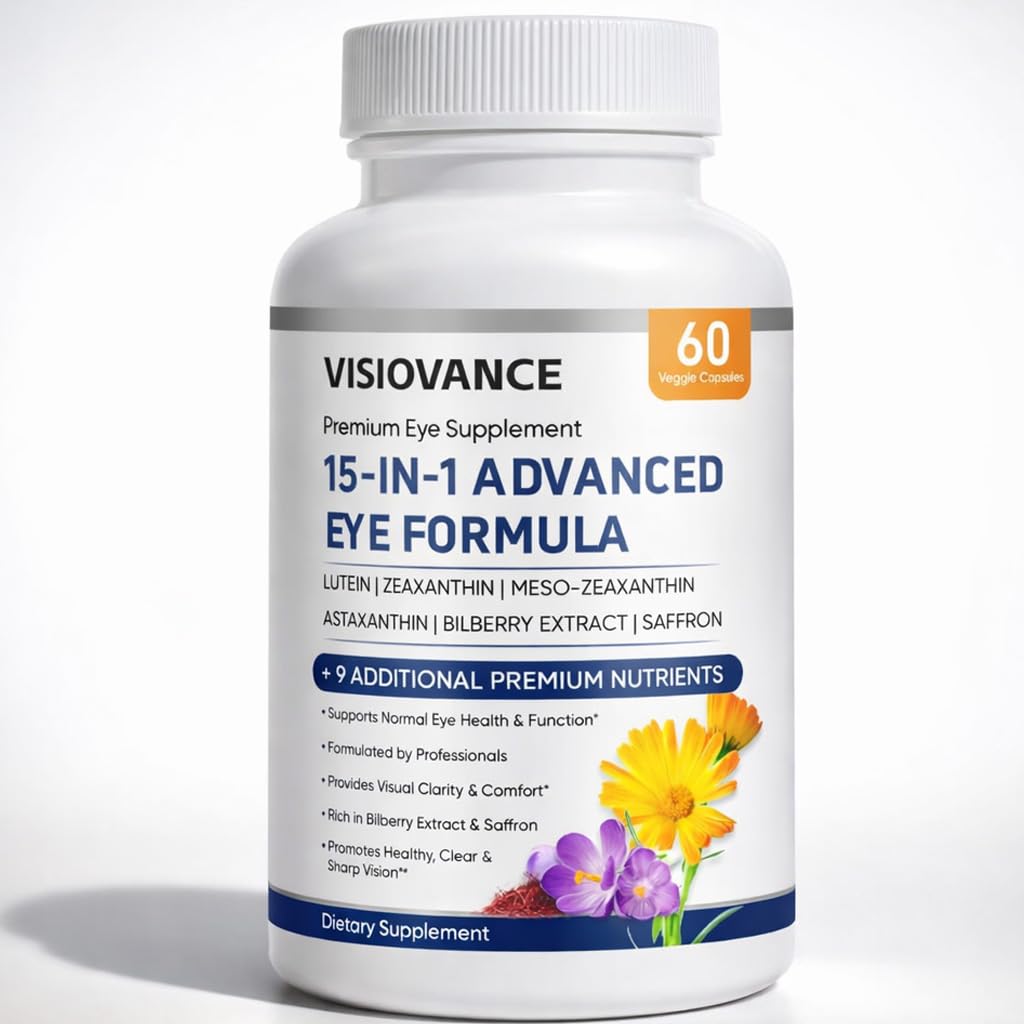 VISIOVANCE 15-in-1 bottle pour showing convenient daily eye nutrition for screen time