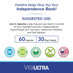 VisiUltra bottle and packaging showcase a non-GMO eye care formula.