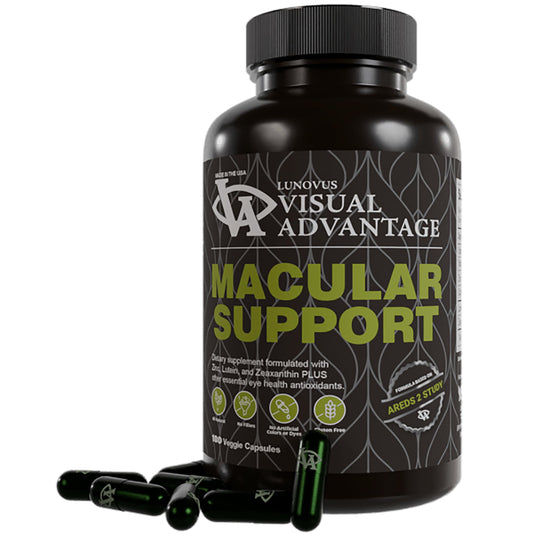 Visual Advantage Macular Support bottle front view highlighting the AREDS2-based formula.