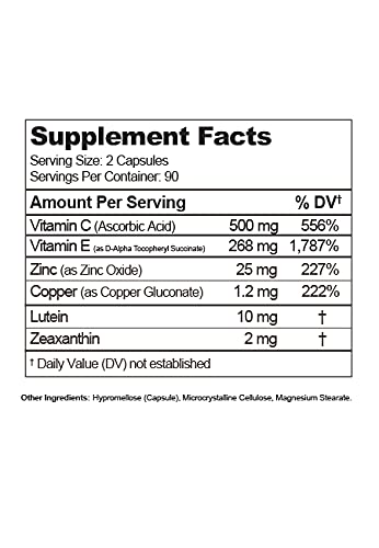 Visual Advantage Macular Support bottle side showing veggie capsules for easy swallowing.