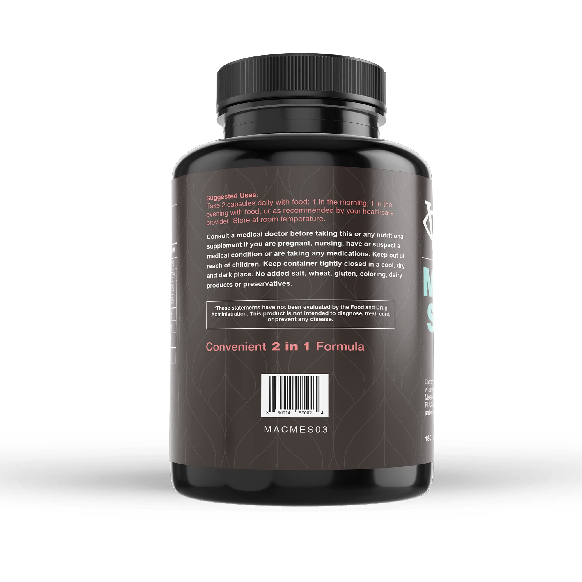 Visual Advantage Macular Support Plus Meso-Z capsules close-up, easy-to-swallow.