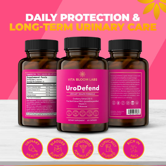 Vita Bloom Labs UroDefend bottle back showing directions and supplement facts.