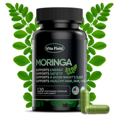Vita Field Moringa capsules bottle front showing a 3-month supply for daily vitality.