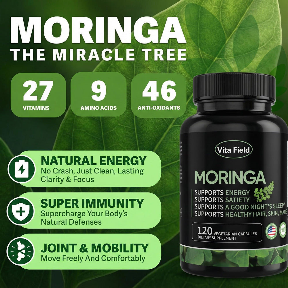 Vita Field Moringa label close-up emphasizing purity and third-party testing.