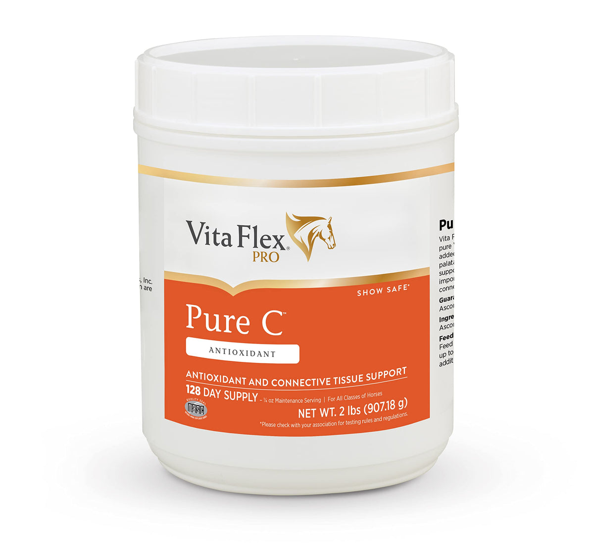 Vita Flex Pro Pure C bottle closeup highlighting pure vitamin C for horses.