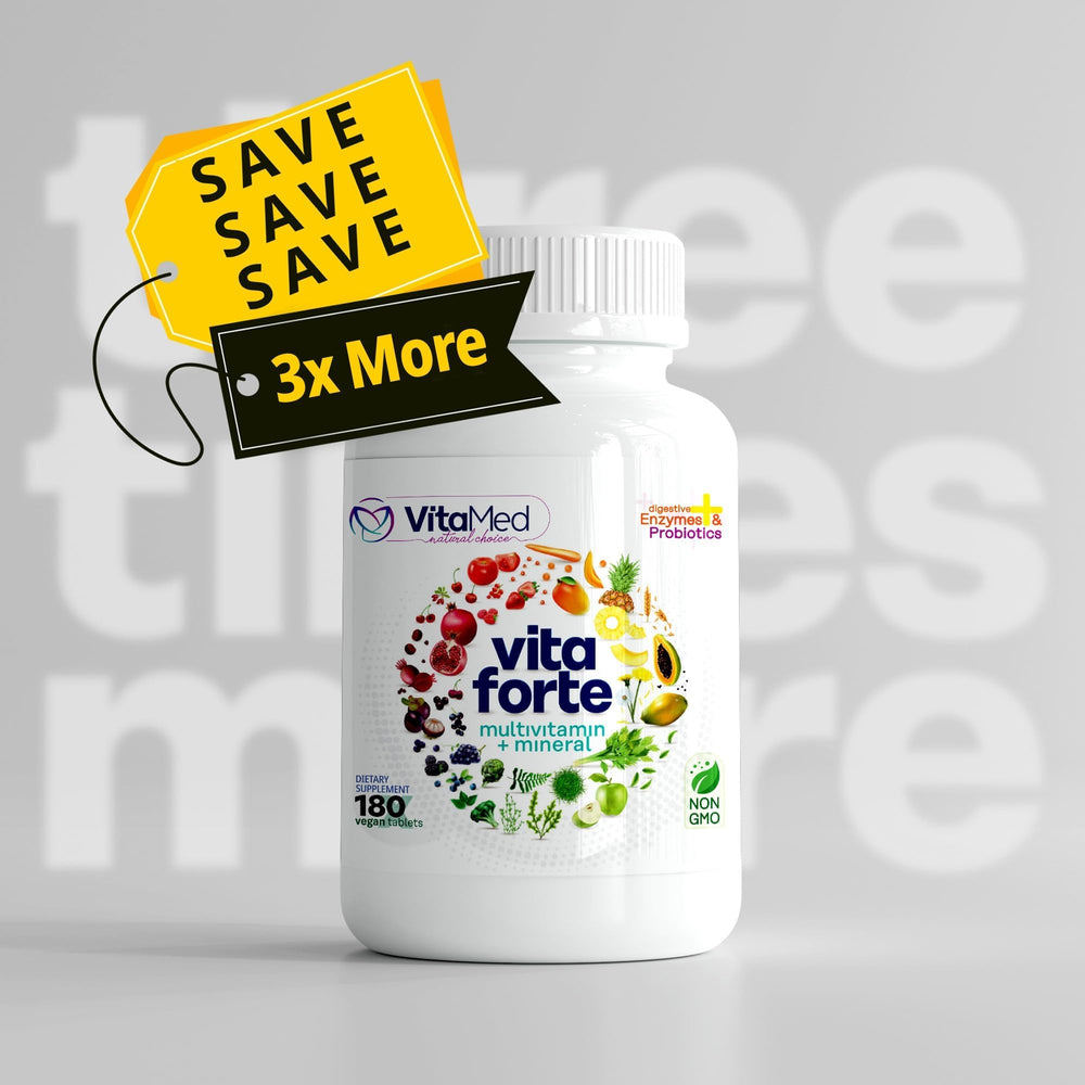 Vita Forte bottle emphasizes digestive balance with probiotics and enzymes.