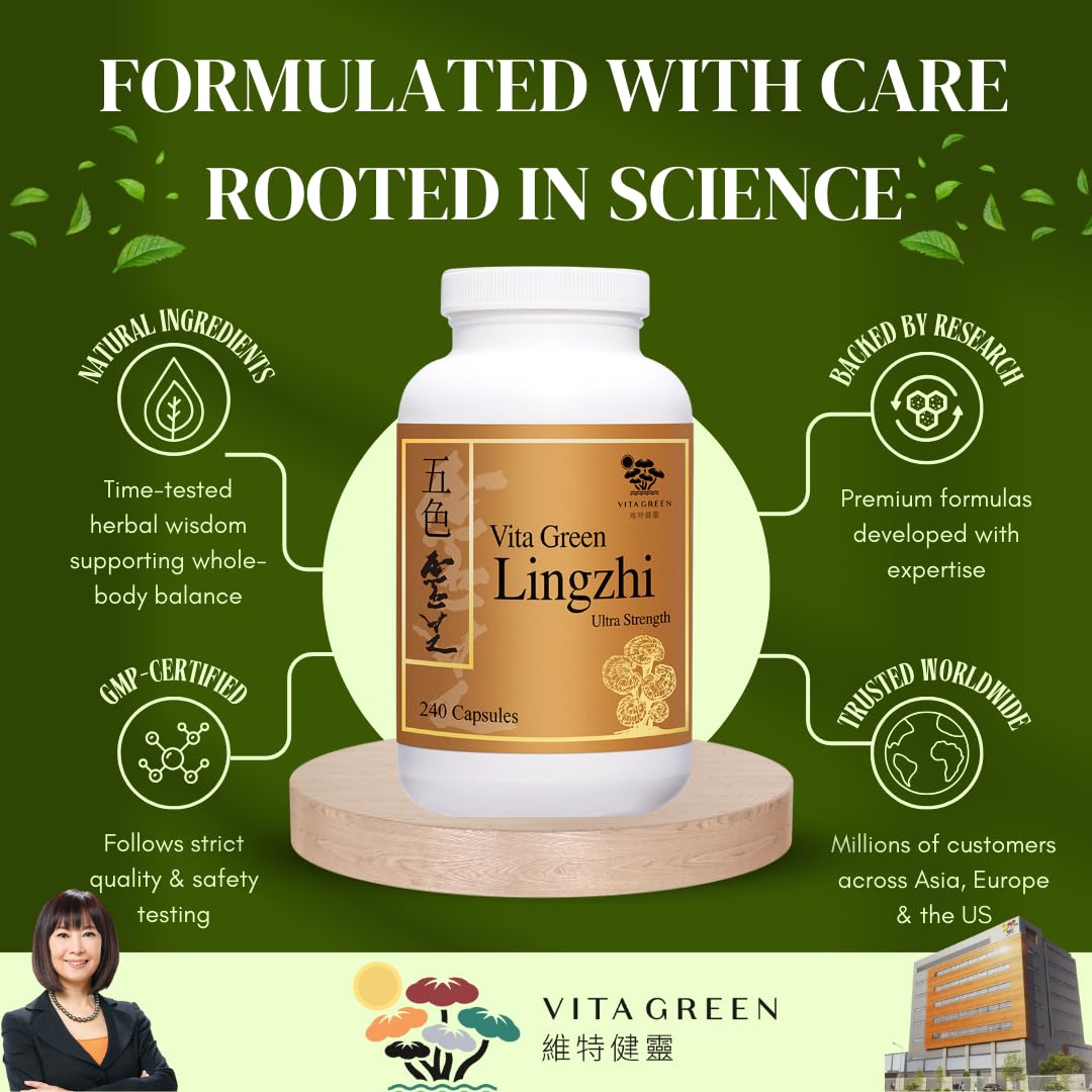 Vita Green Lingzhi capsules poured on wood for immune resilience