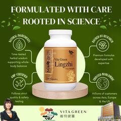 Vita Green Lingzhi capsules poured on wood for immune resilience