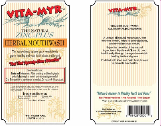 VITA-MYR mouthwash bottle pouring showcases alcohol-free, vegan formula for home use