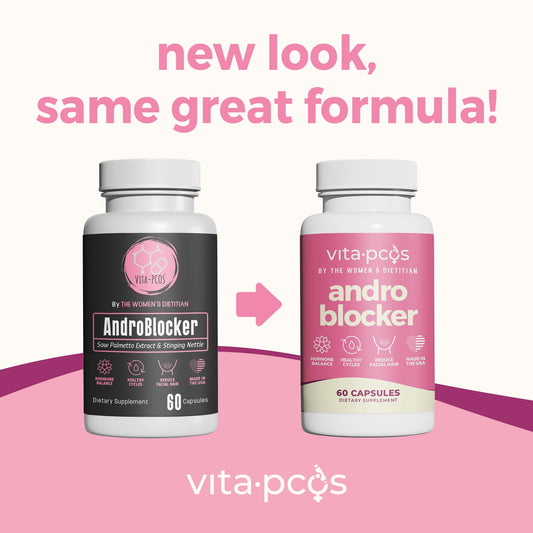 VITA-PCOS AndroBlocker bottle label close-up with key ingredients highlighted.