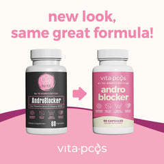 VITA-PCOS AndroBlocker bottle label close-up with key ingredients highlighted.