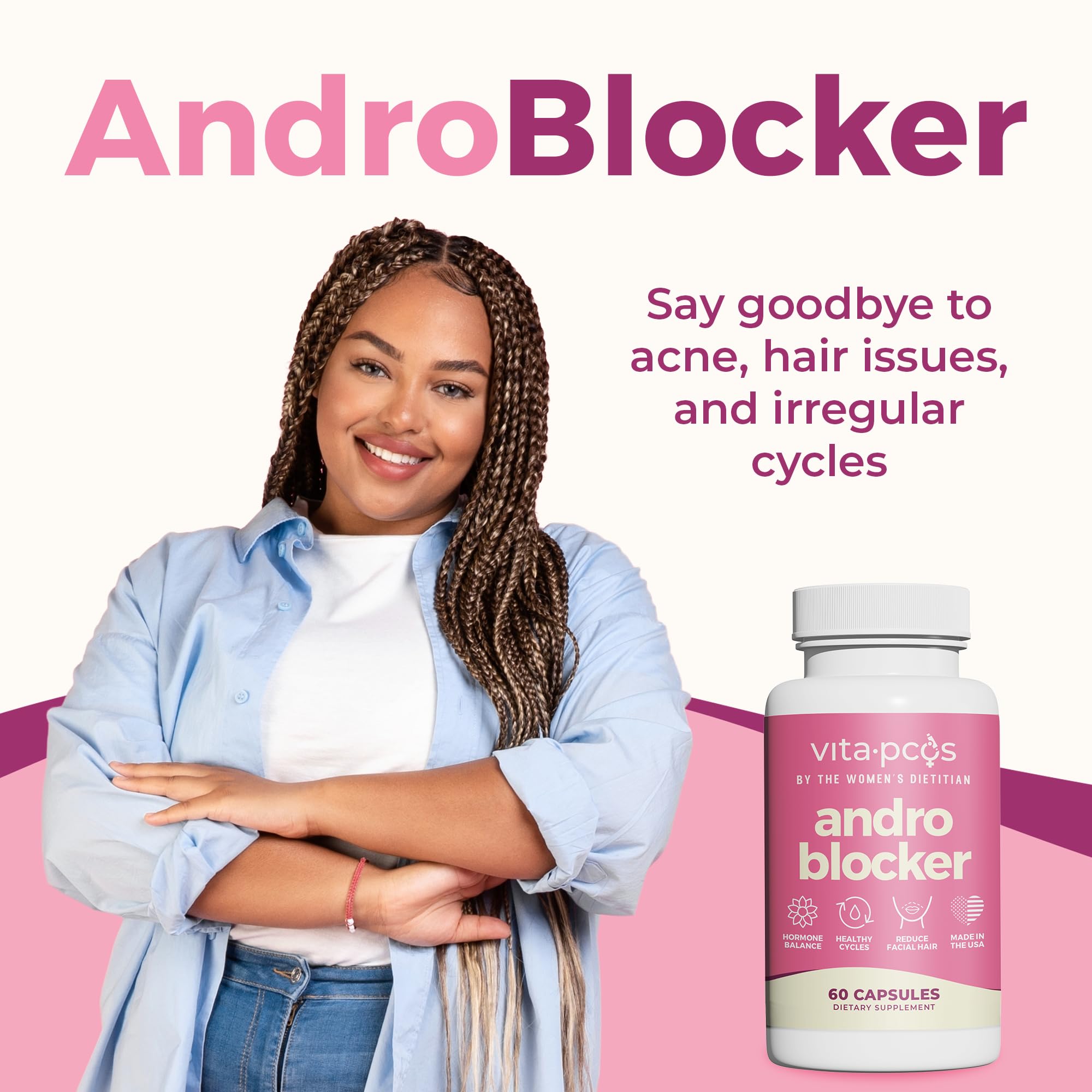 VITA-PCOS AndroBlocker capsules arranged for convenient daily use.