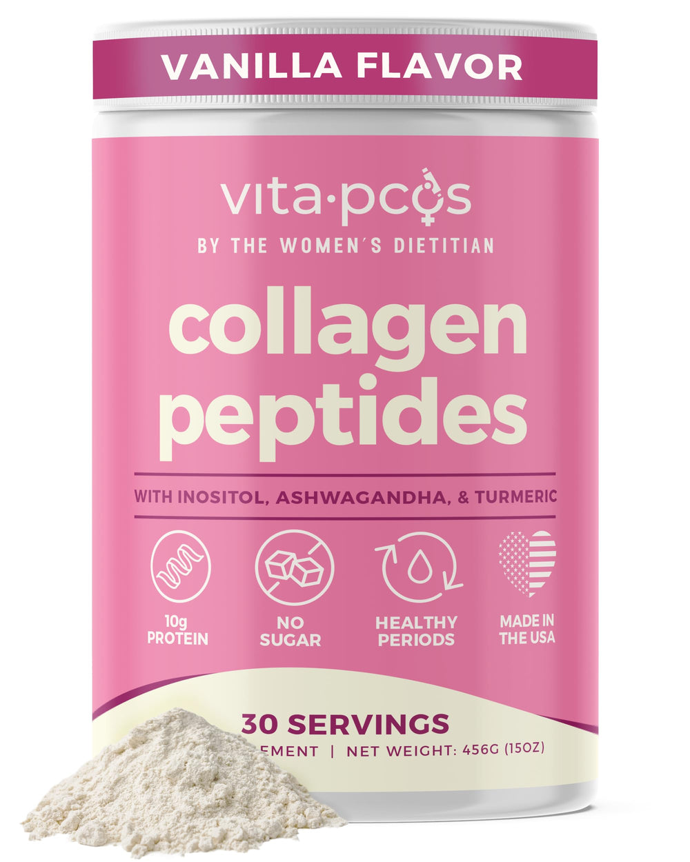 VITA-PCOS collagen powder vanilla tub showcasing hair and skin support