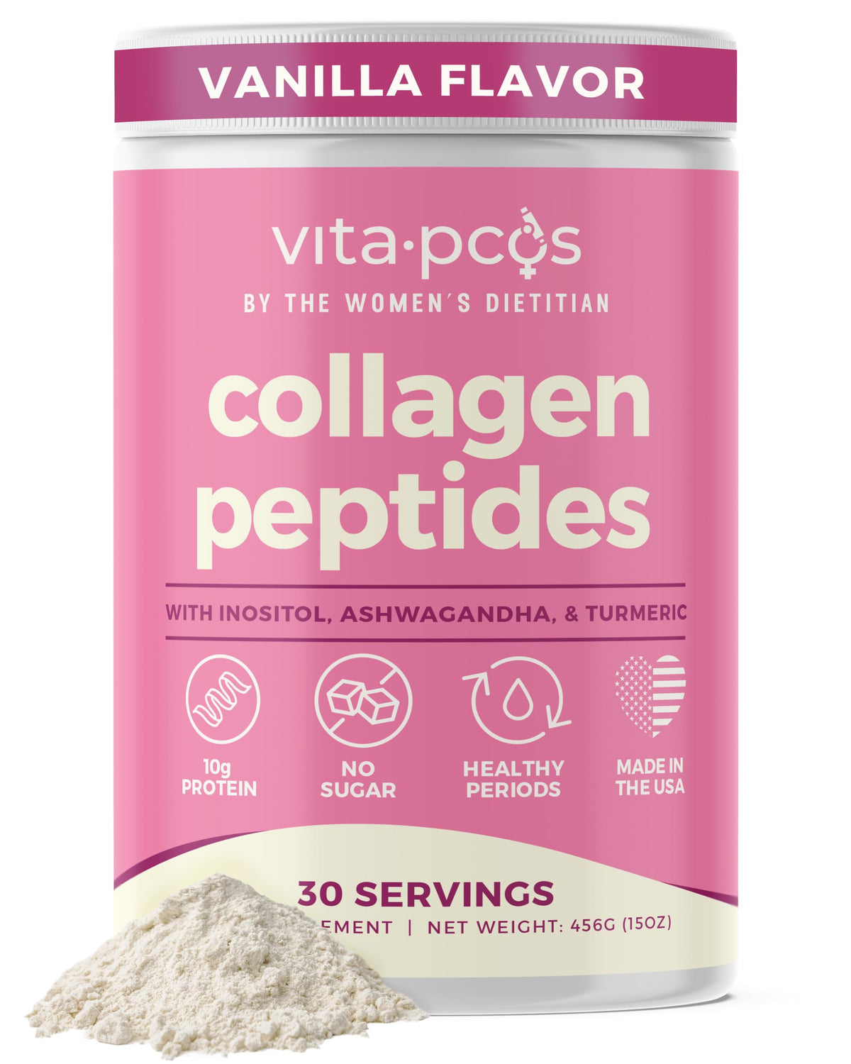 VITA-PCOS collagen powder vanilla tub showcasing hair and skin support
