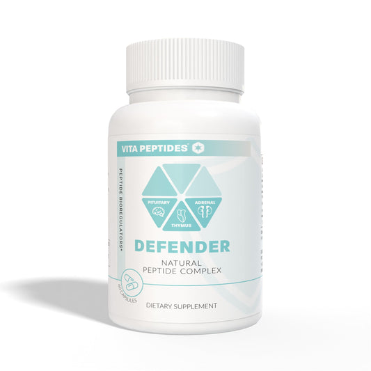 Vita Peptides Defender capsules on a clean surface illustrate adrenal, pituitary, thymus support potential.