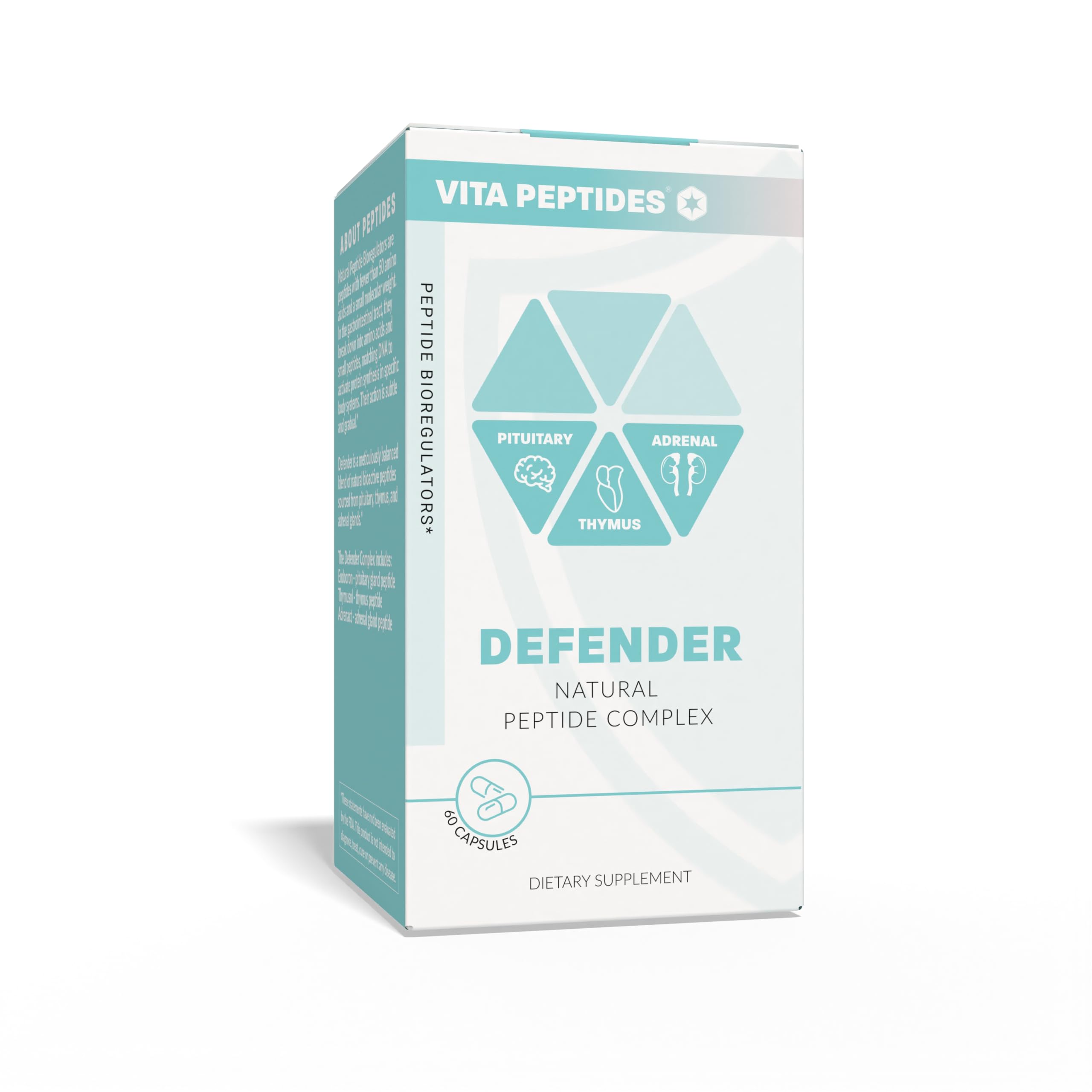 Vita Peptides Defender glass bottle close-up suggests high-quality natural peptide bioregulators.