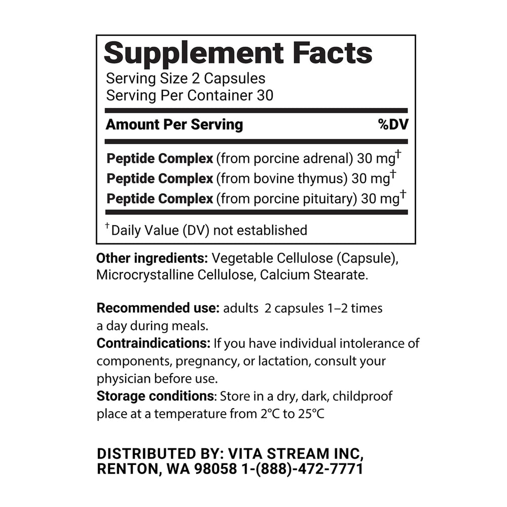 Vita Peptides Defender packaging and leaflet highlight breakthrough peptide formula background.