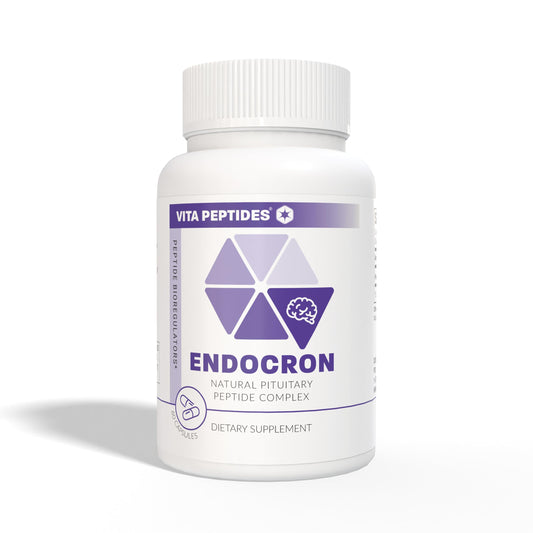 Close-up of Vita Peptides Endocron capsules for subtle metabolic balance.