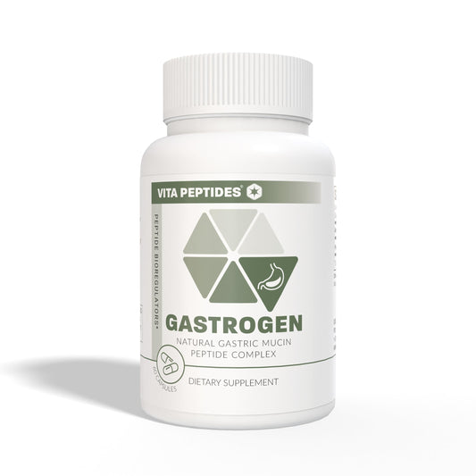 Vita Peptides Gastrogen label closeup highlights natural peptide bioregulators for gastric mucin care.