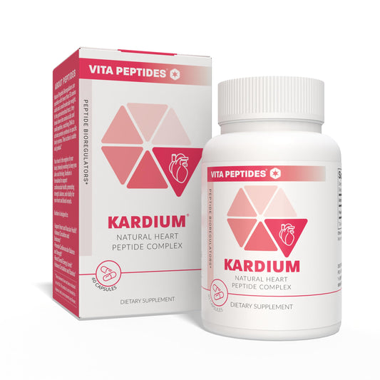 Vita Peptides Kardium bottle close-up showing heart-supporting natural peptides for daily wellness