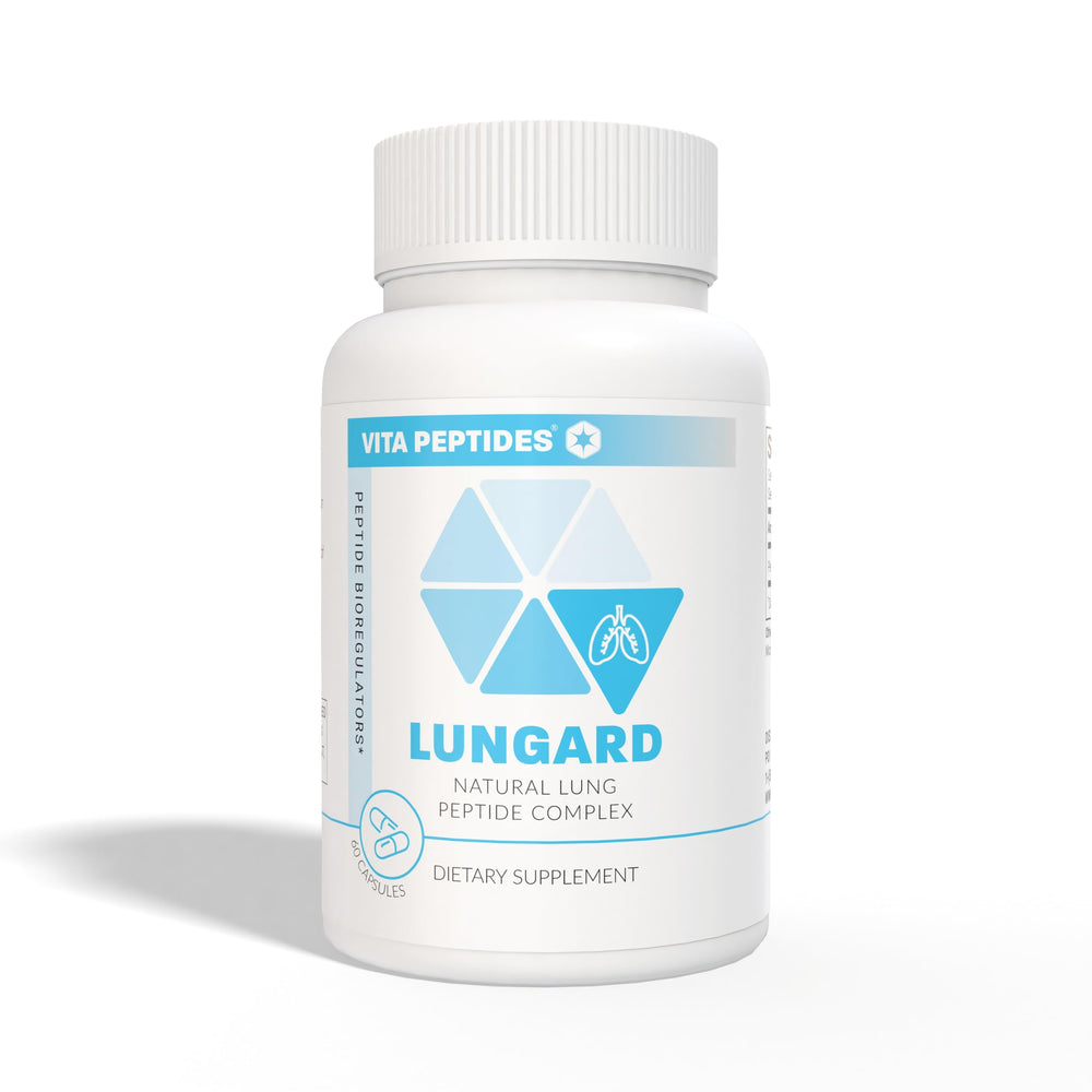 Close-up of Lungard label showing 15 mg active peptides for respiratory wellness.