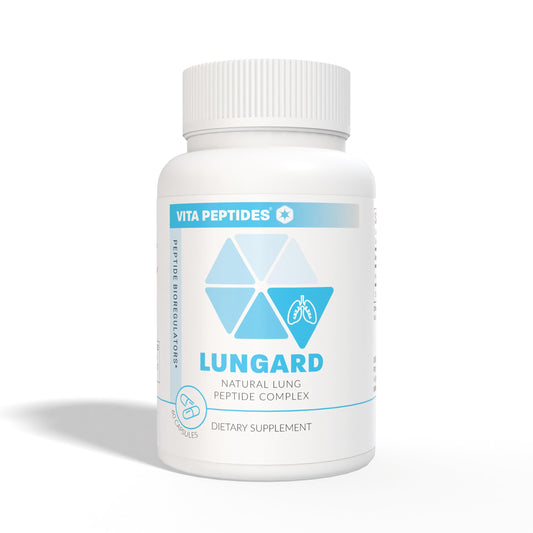 Close-up of Lungard label showing 15 mg active peptides for respiratory wellness.