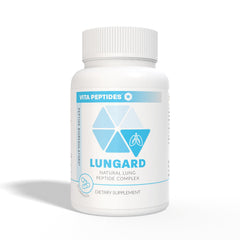 Close-up of Lungard label showing 15 mg active peptides for respiratory wellness.
