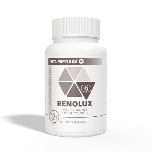 Close-up of Renolux bottle with label, suggesting daily fluid balance support.