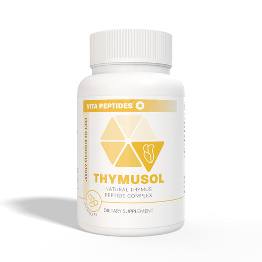 Vita Peptides Thymusol capsules close-up highlighting immune support potential.