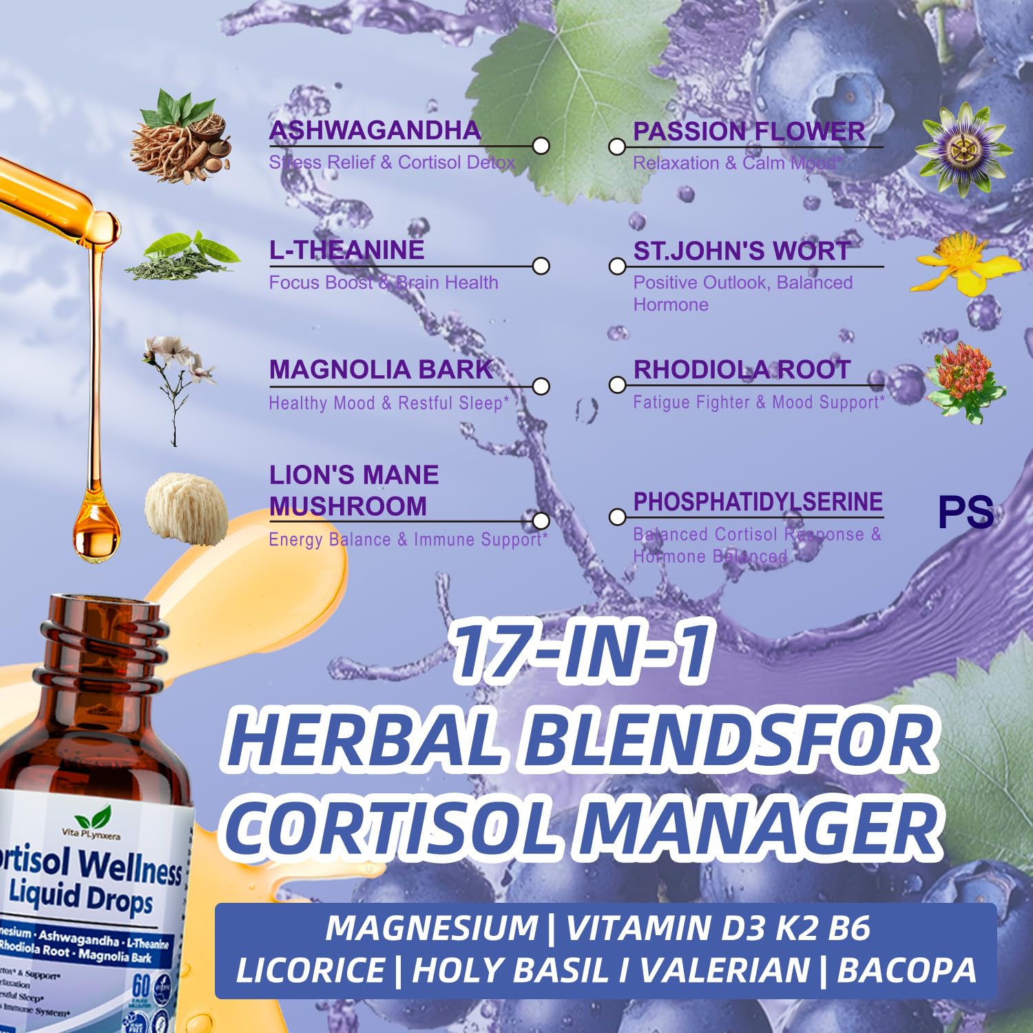 Vita PLynxera cortisol liquid drops being poured for on‑the‑go use