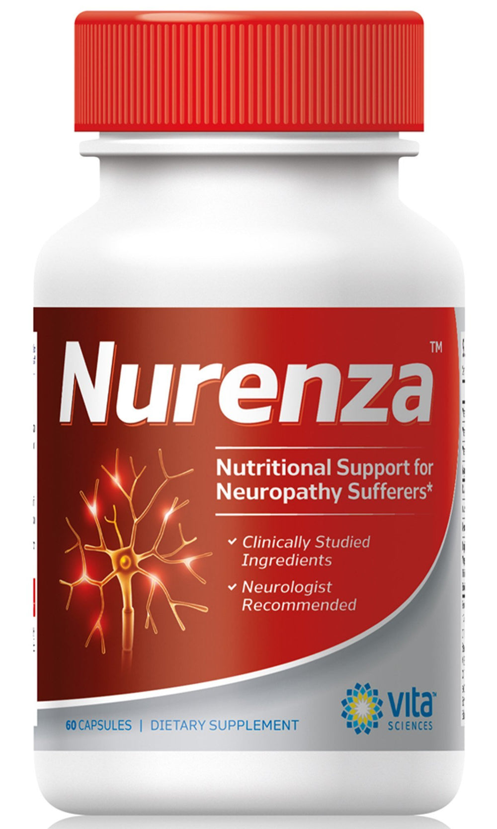 Vita Sciences Nurenza bottle front with capsules suggesting nerve support potential