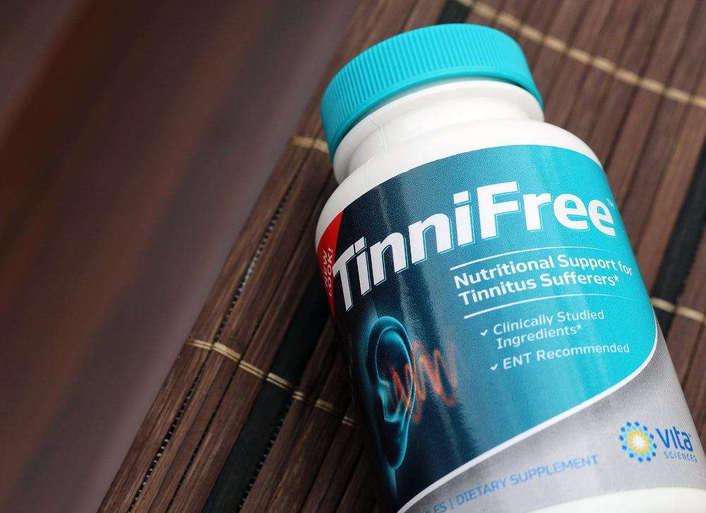 Vita Sciences Tinnifree capsules closeup, convenient daily support for auditory comfort.