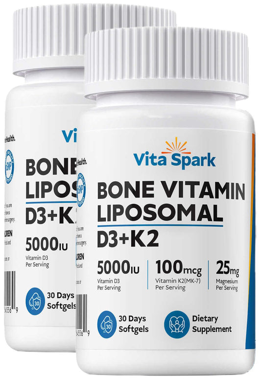 Vita Spark D3K2 liposomal bottle highlighting advanced delivery for bone support.