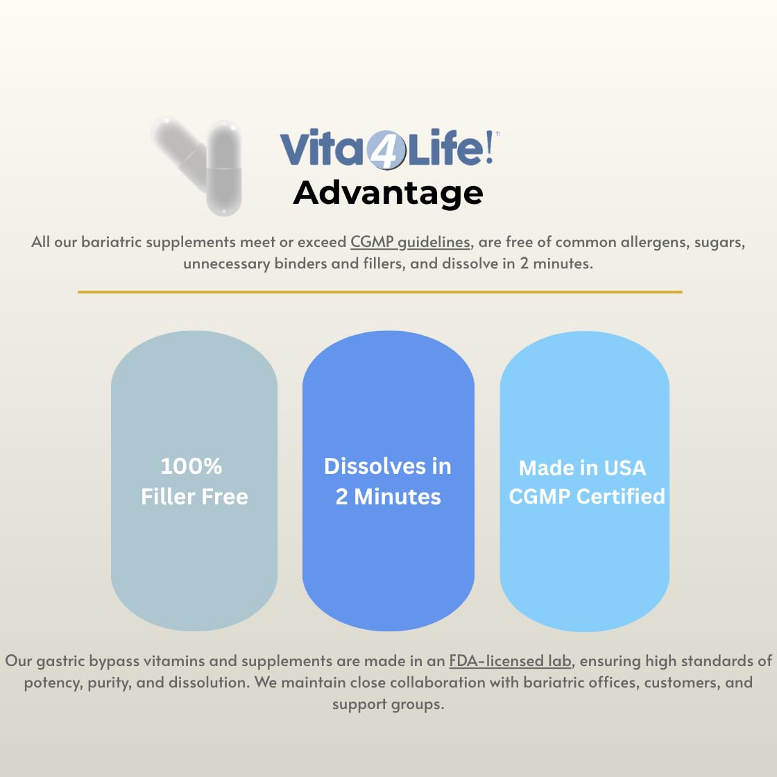 Vita4Life daily-dose setup on counter suggests gluten- and dairy-free option