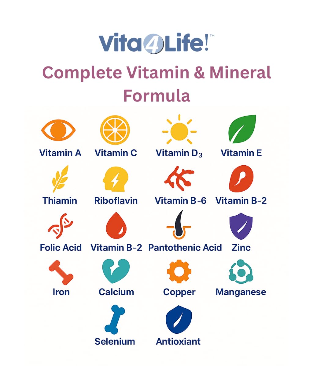 Vita4Life label detailing 50+ nutrients for balanced daily nutrition.