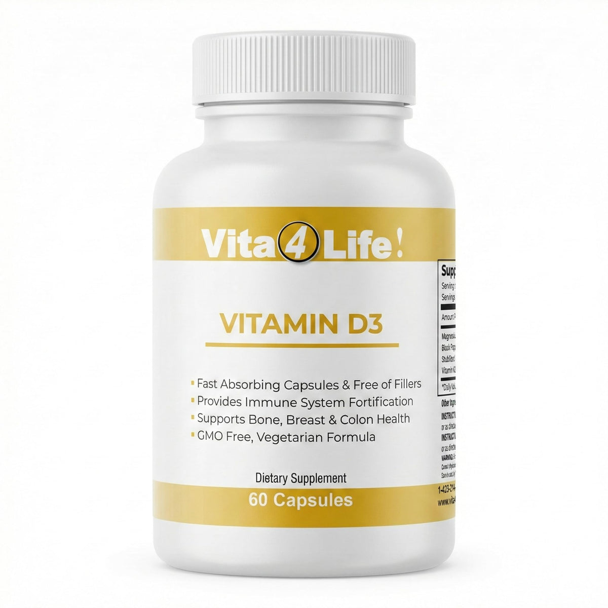 Vita4Life bottle front shows D3, K2, and magnesium for daily immune and bone support