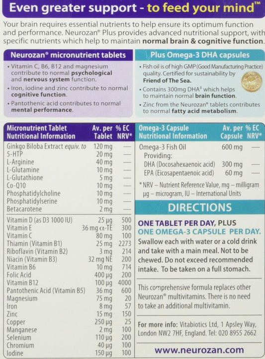 Vitabiotics Neurozan Plus softgel capsules close-up, rich omega-3 for cognitive support