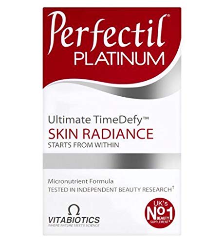 Vitabiotics Perfectil Platinum bottle front showing compact tablets designed for radiant skin.