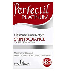 Vitabiotics Perfectil Platinum bottle front showing compact tablets designed for radiant skin.