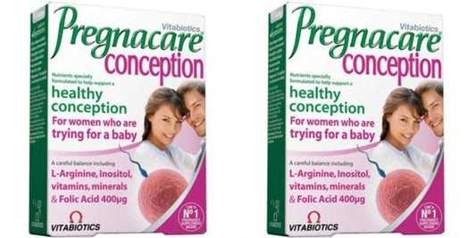 Vitabiotics Pregnacare Conception 30s pack front view for a convenient two-pack routine.