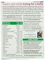 Vitabiotics Pregnacare Conception bottle closeup showing daily vitamins for her routine.