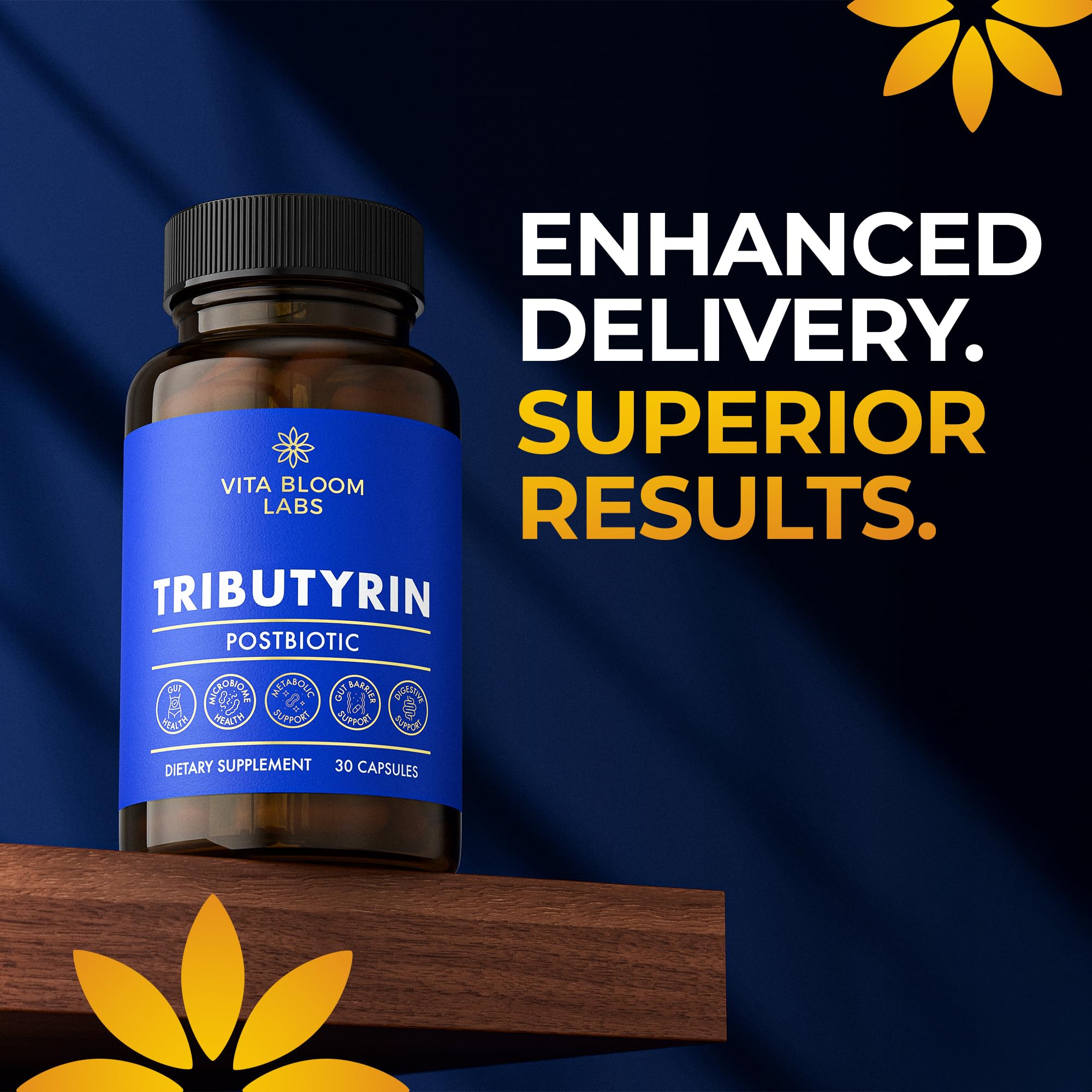 Vita Bloom Labs Tributyrin gut health scene with a balanced routine.