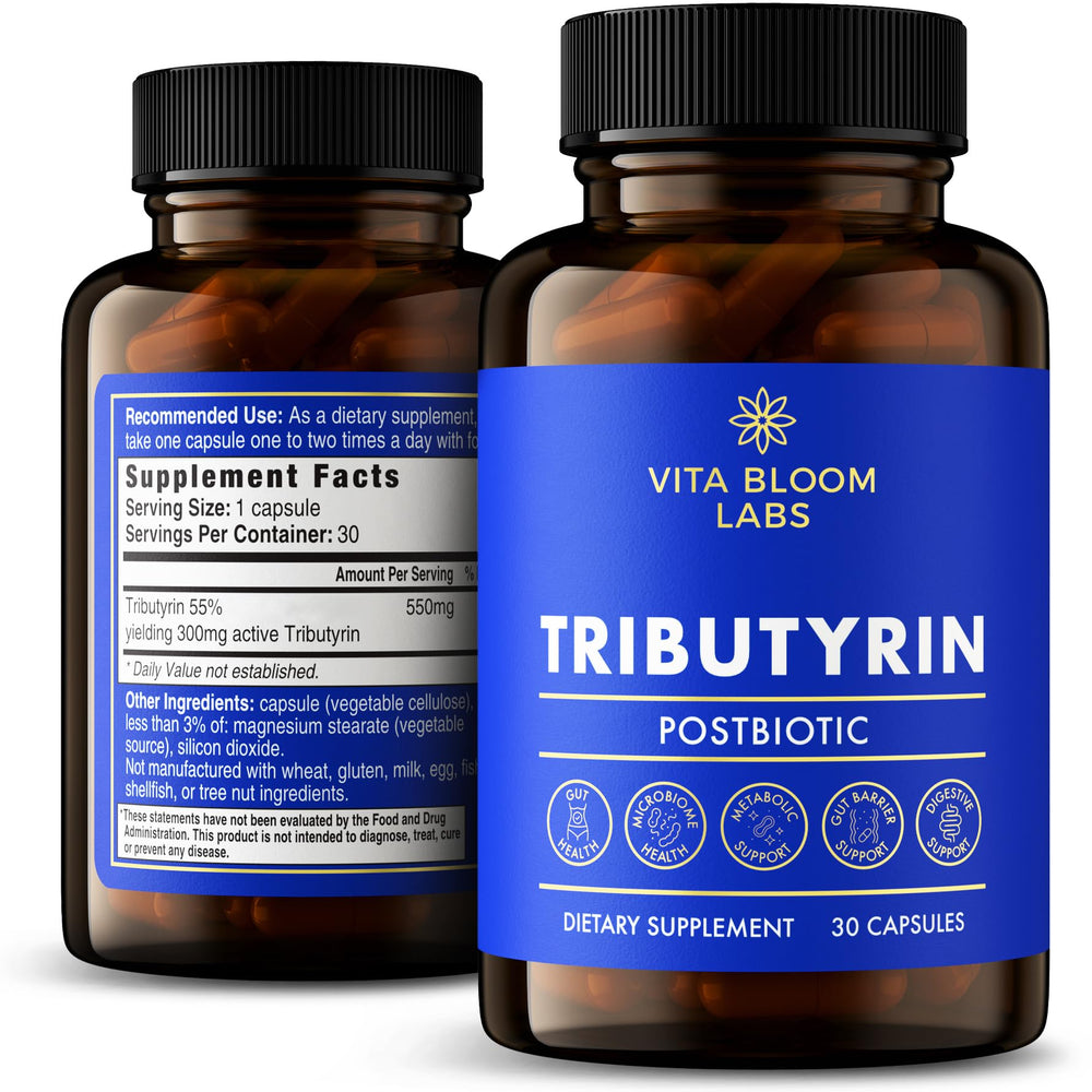 Vita Bloom Labs Tributyrin supplement bottle for easy gut support.