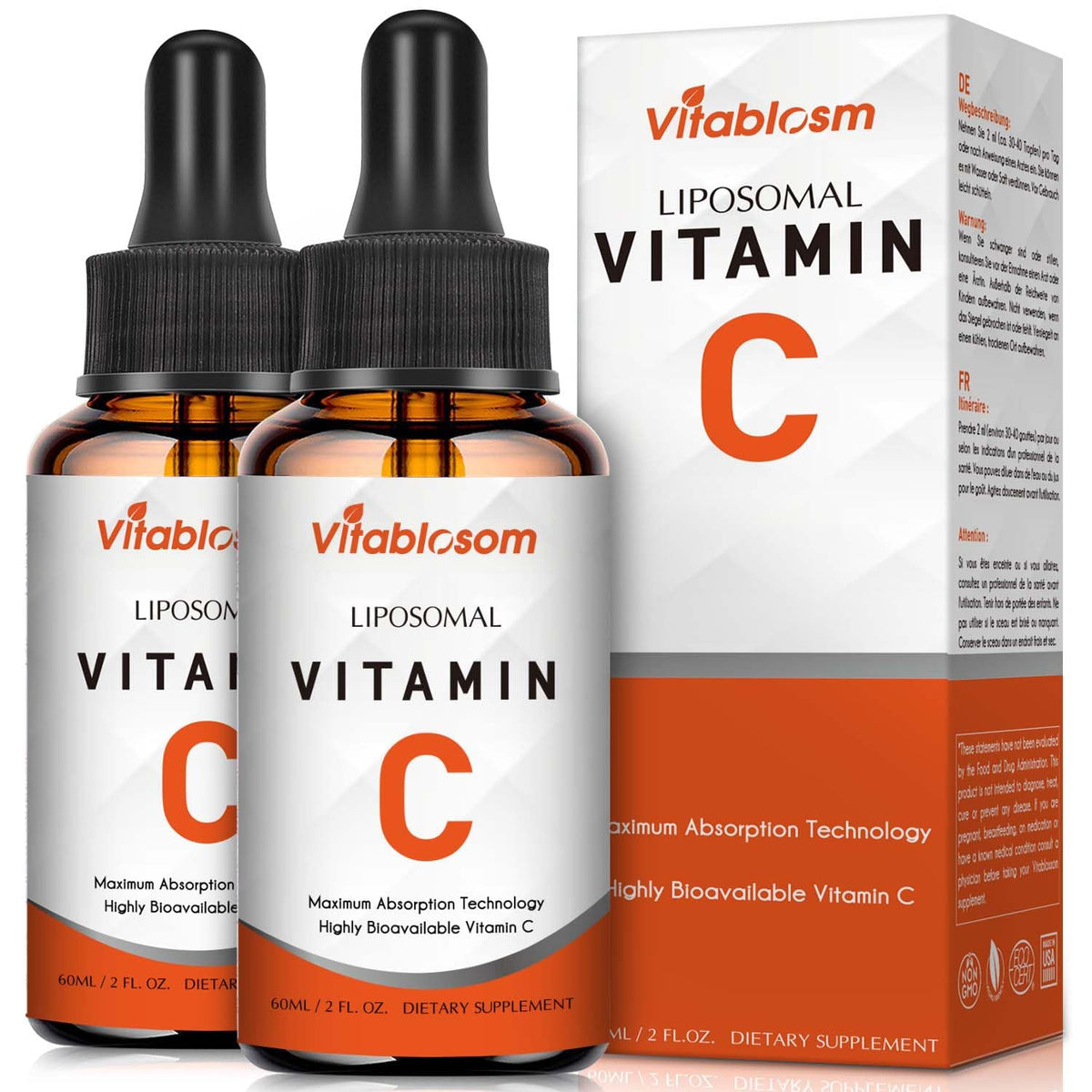 Vitablosom liposomal vitamin C bottle showing clear labeling for immune support.