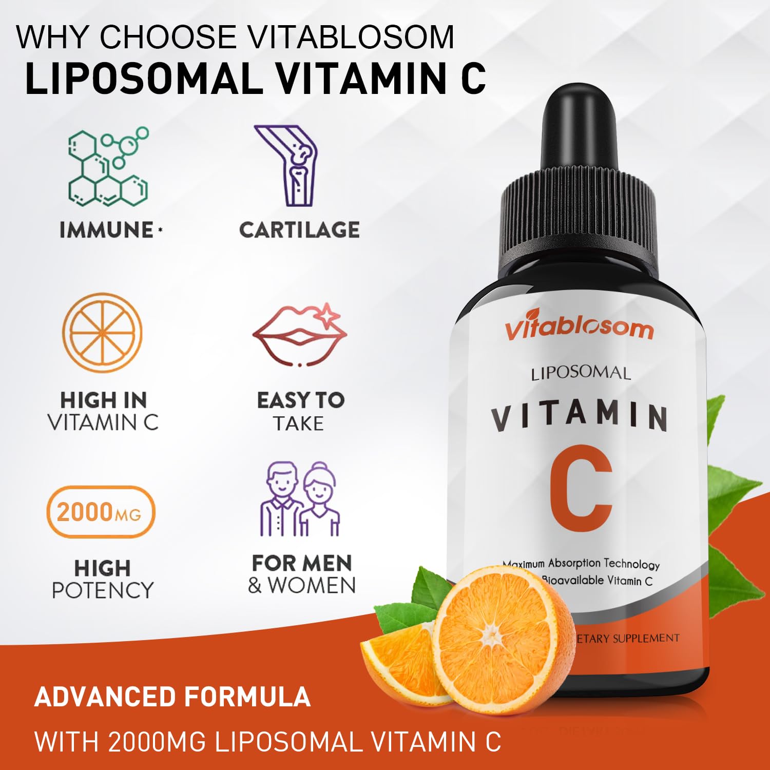 Vitablosom vitamin C dropper dispensing a 2ml serving for convenient dosing.