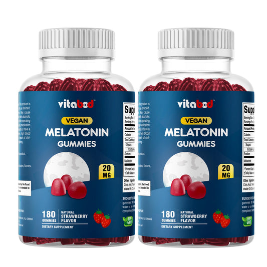 Vitabod melatonin gummies bottle showing natural strawberry flavor and convenient dosing
