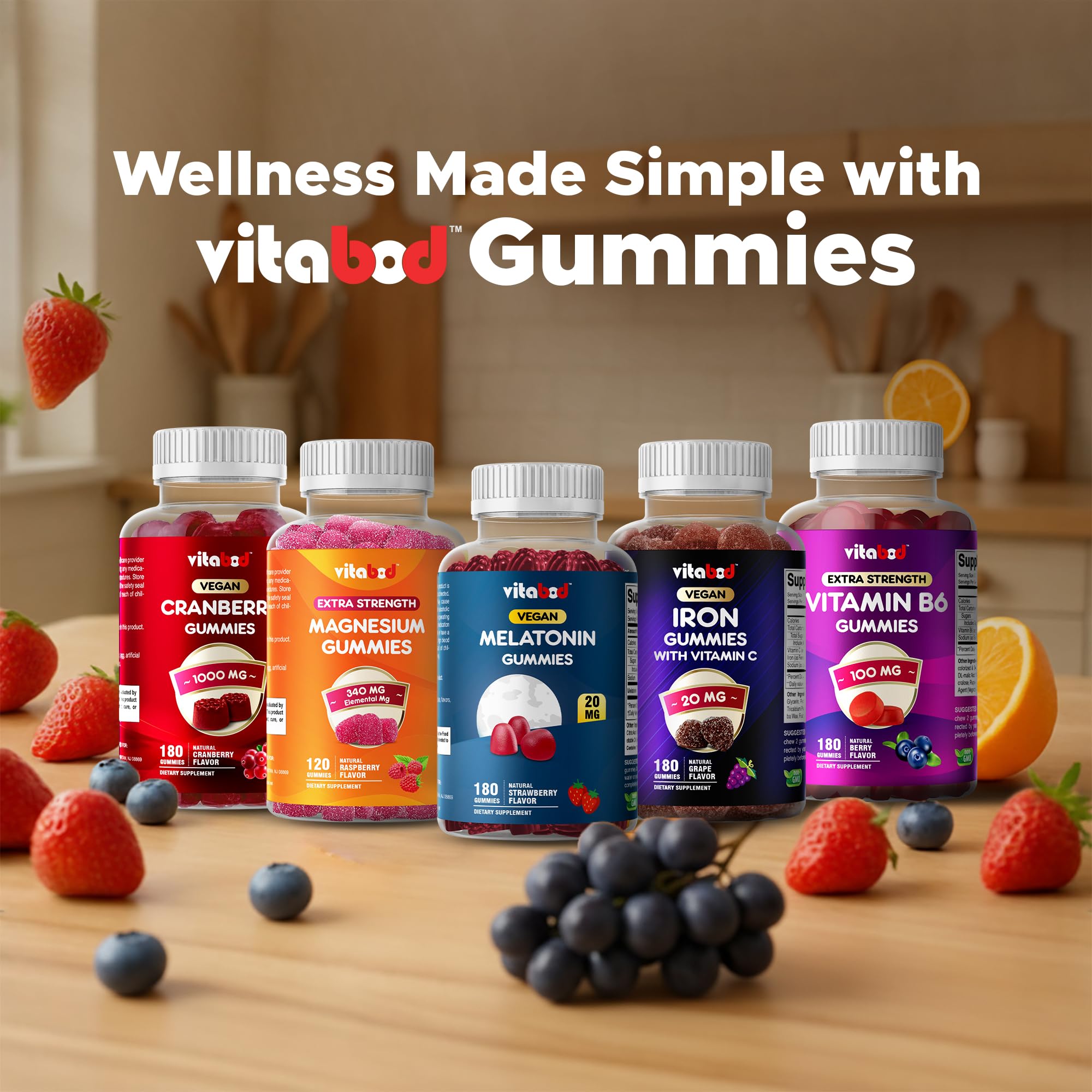 Gummies color suggests natural strawberry flavor highlighted in Vitabod branding