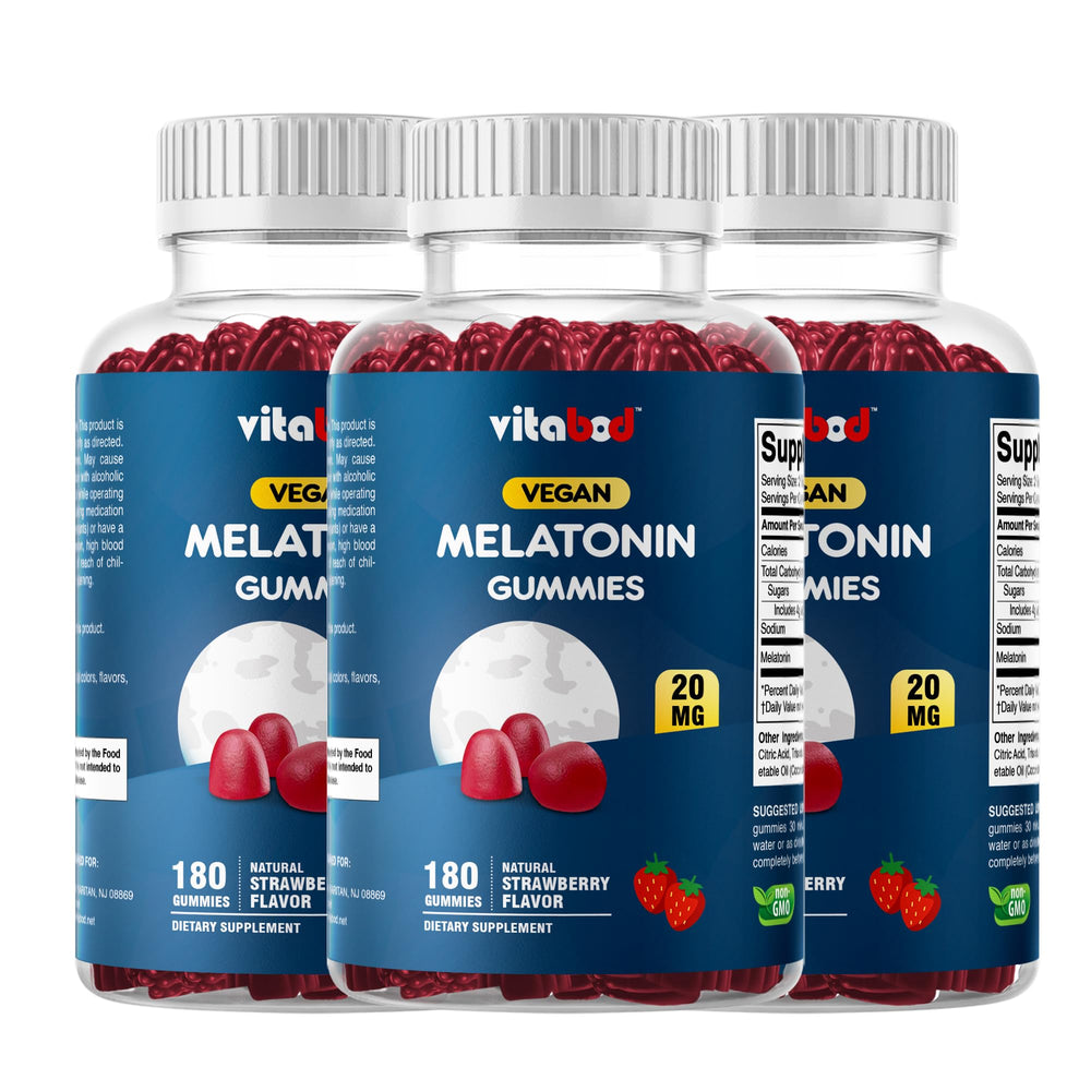 Vitabod Melatonin Gummies bottle front with natural strawberry flavor.